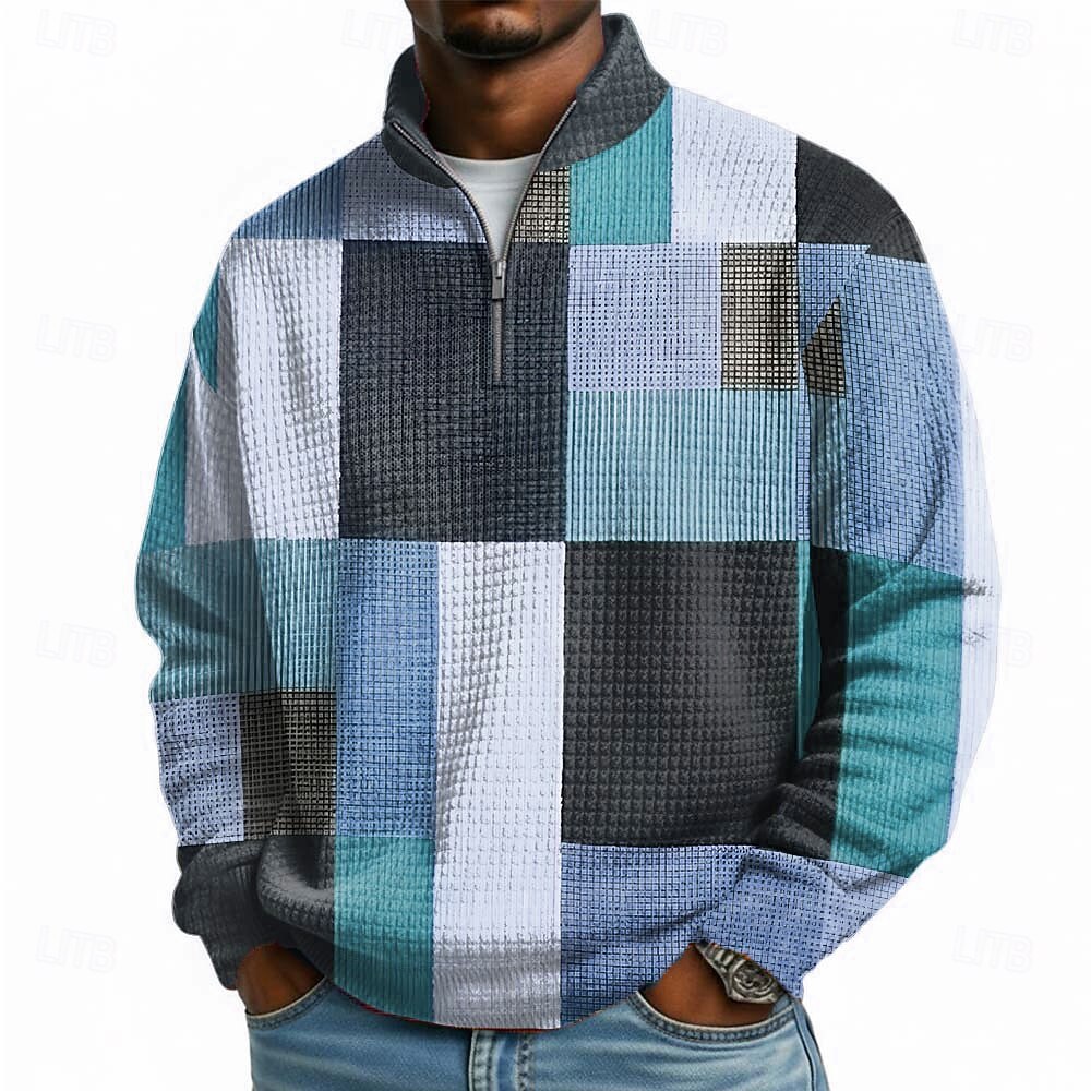 Men's Geometric Plaid Waffle Sweatshirt Fashion Daily Classic Casual Stand Collar Quarter Zip Outdoor Home Office Work Blue Orange Green Gray Zip Up Fall Winter Designer S M L XL XXL XXXL 2026 - $28.99 –P2