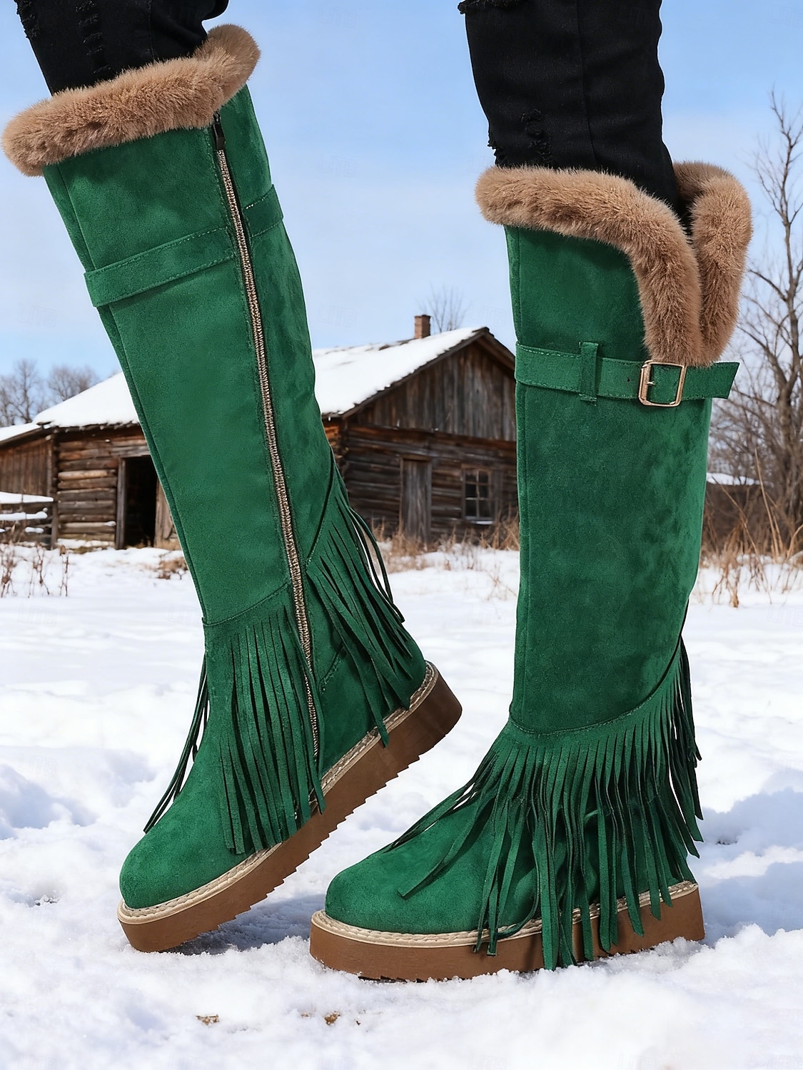 Women's Green Fringe Faux Suede Snow Boots with Fur Lining – Stylish Knee-High Winter Boots Footwear for Cold Weather, Snow and Outdoor Adventures 2026 - $69.99 –P4