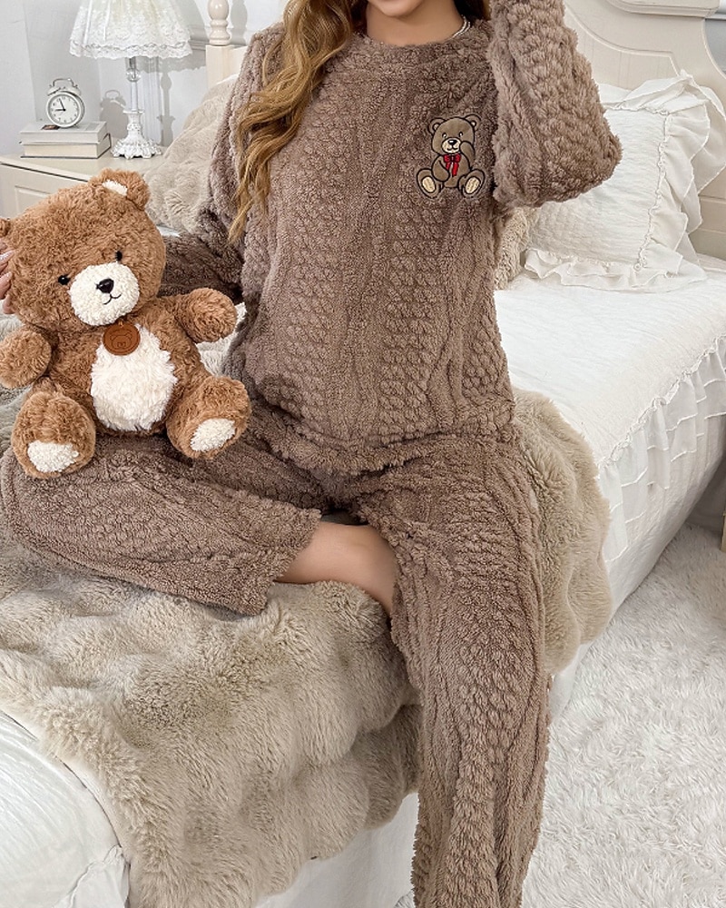 Női Pizsamák Lounge-ruházat Flanel Meleg Divat Tiszta szín Zsinór Rugalmas derék Nadrág Vakáció Otthon Napi Hosszú ujj Terített nyak Barna Szürke Ősz Tél Laza öltözet 2025 - $32.99 –P1