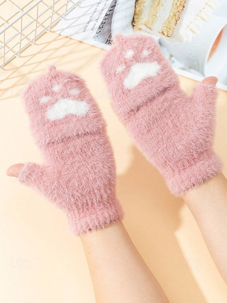 Damen-Fingerhandschuhe aus flauschigem Strick mit Katzenpfotenmuster – weicher Plüschstoff, in verschiedenen Farben erhältlich, perfekt für Winter und Freizeit. 2026 - $7.99 –P5