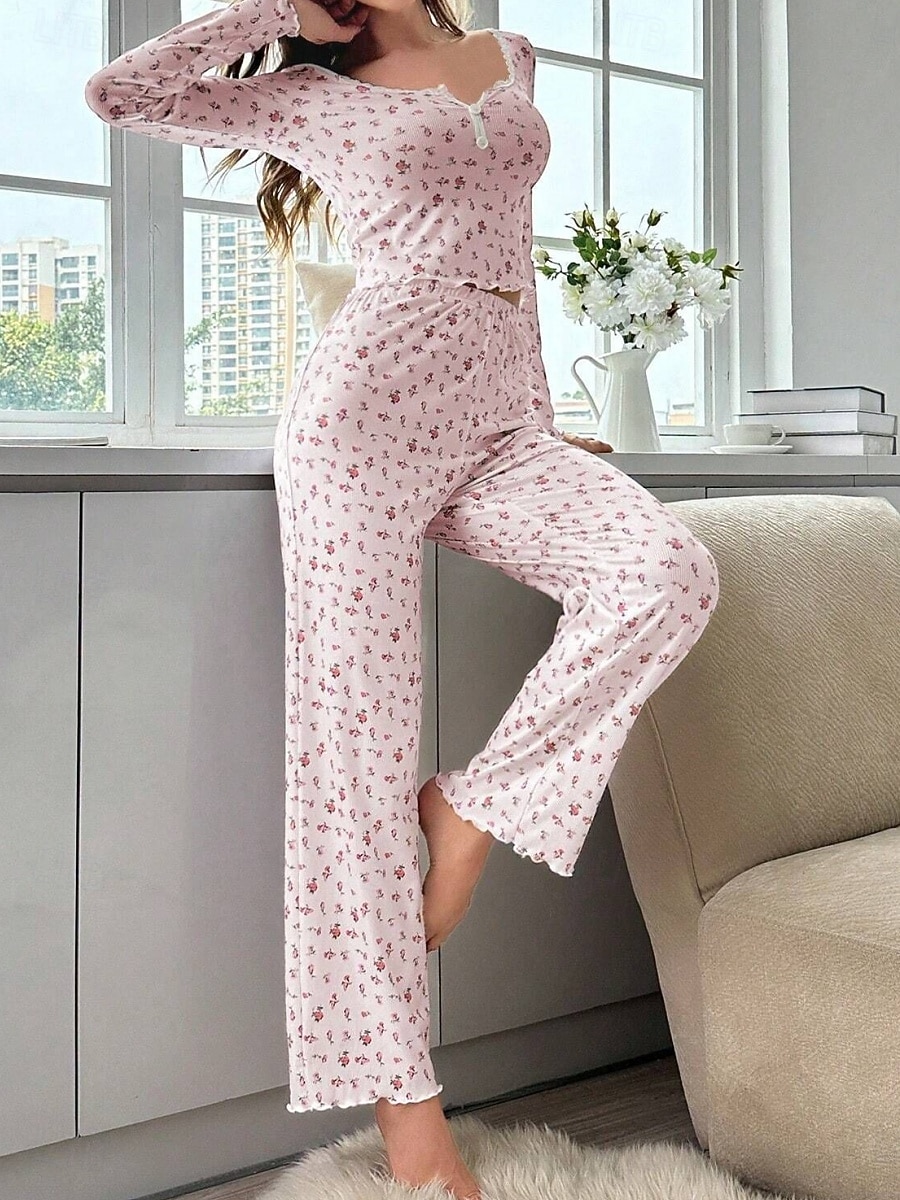 Dame Pyjamas Sett Fritid Komfort Blomstret Elastisk midje Bukse Hjem Daglig Langermet U-hals Hvit Gul Rosa Lilla Vår Høst Normal 2026 - $21.99 –P6