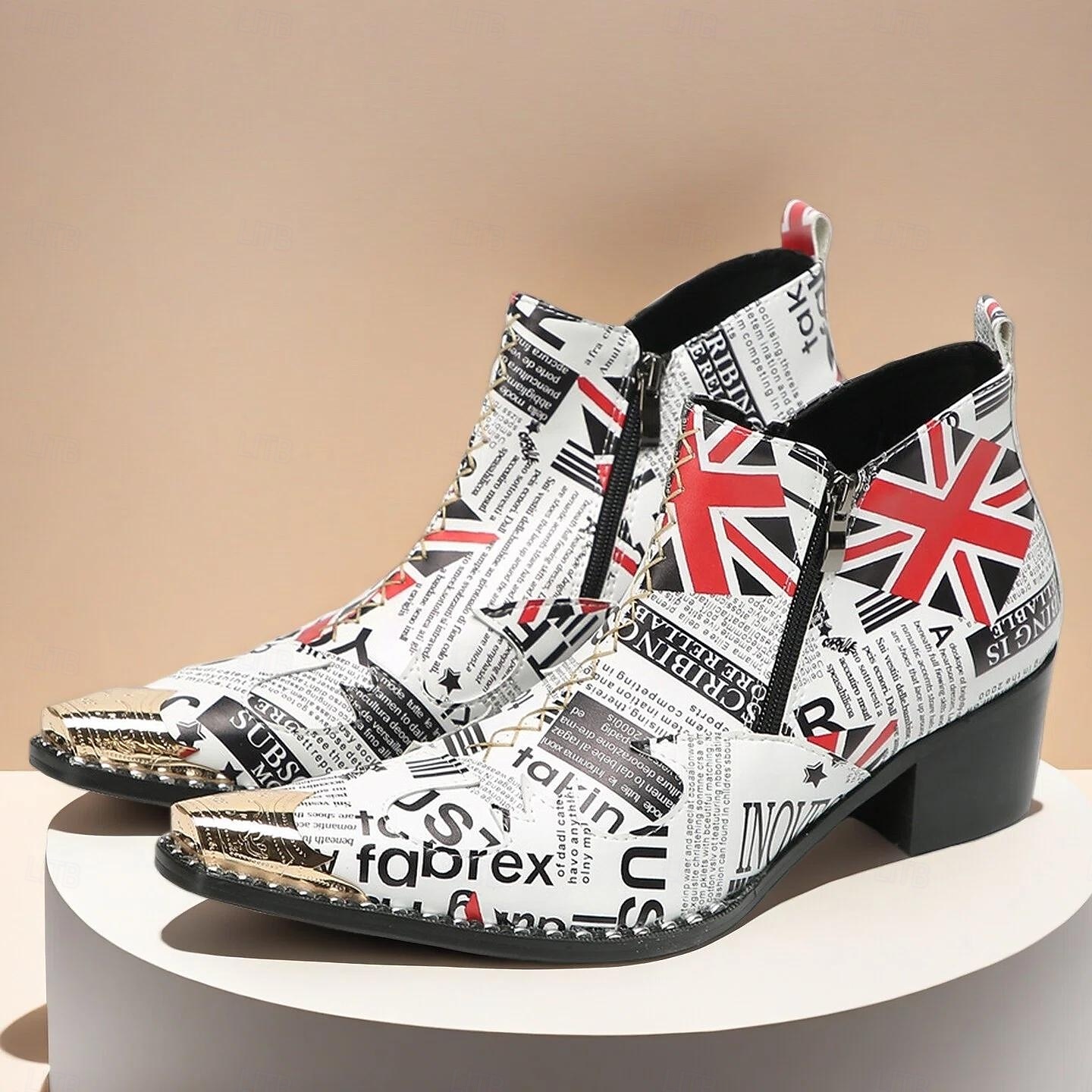 Miesten sanomalehtikuvioiset nilkkurit - ainutlaatuinen nahkamuotoilu rohkeilla kuvioilla, täydellinen katutyyliin ja rentoon kokoontumiseen 2025 - $139.99 –P1