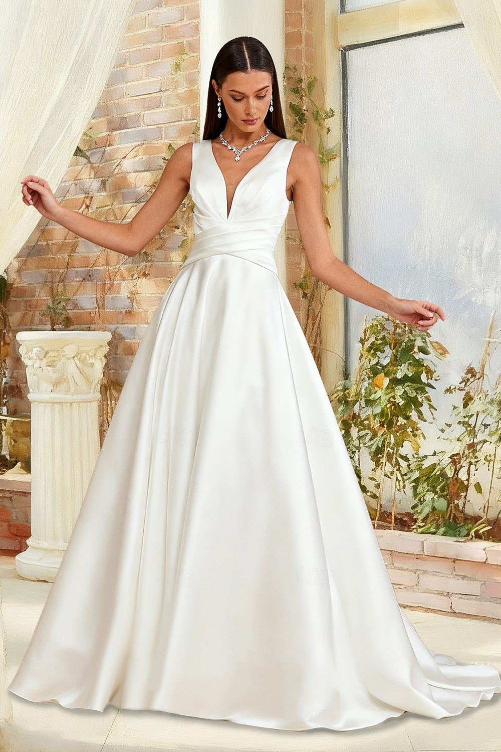 Sala Formale Abiti da sposa Linea ad A Scollo a V Senza Maniche Strascico a Terra Raso Abiti da sposa Con Arricciato Tinta unita del 2026 a $183.99 –P1