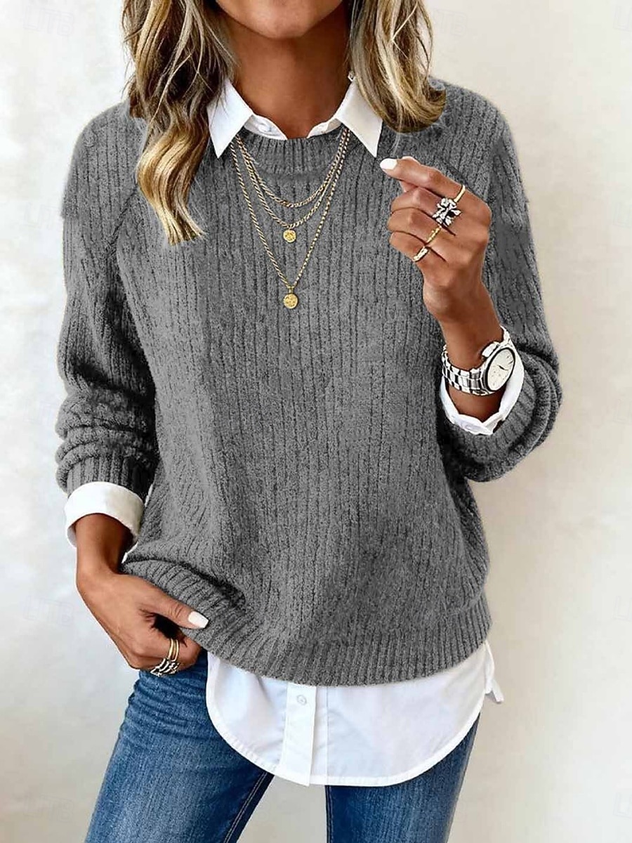 Damen Pullover Lässig Weich Einfarbig Gerippt Rundhalsausschnitt Gestrickt Langarm Crop Tops Stricken Outdoor Täglich Wochenende Blau Schwarz Herbst Winter 2025 - $35.99 –P2