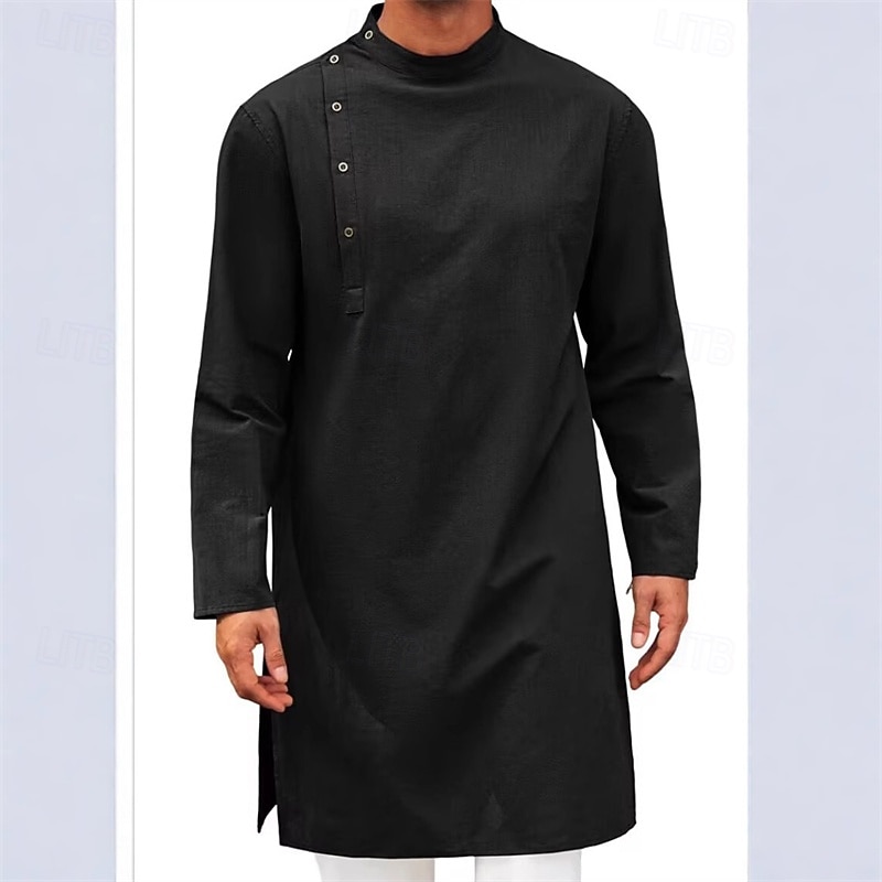 Муж. Домашняя одежда Ночная рубашка Ночная сорочка Полотняное плетение Стиль Удобная обувь Дом Повседневные Хлопок Дышащий Воротник-стойка Длинный рукав Весна Осень Черный Белый 2026 - $27.99 –P7