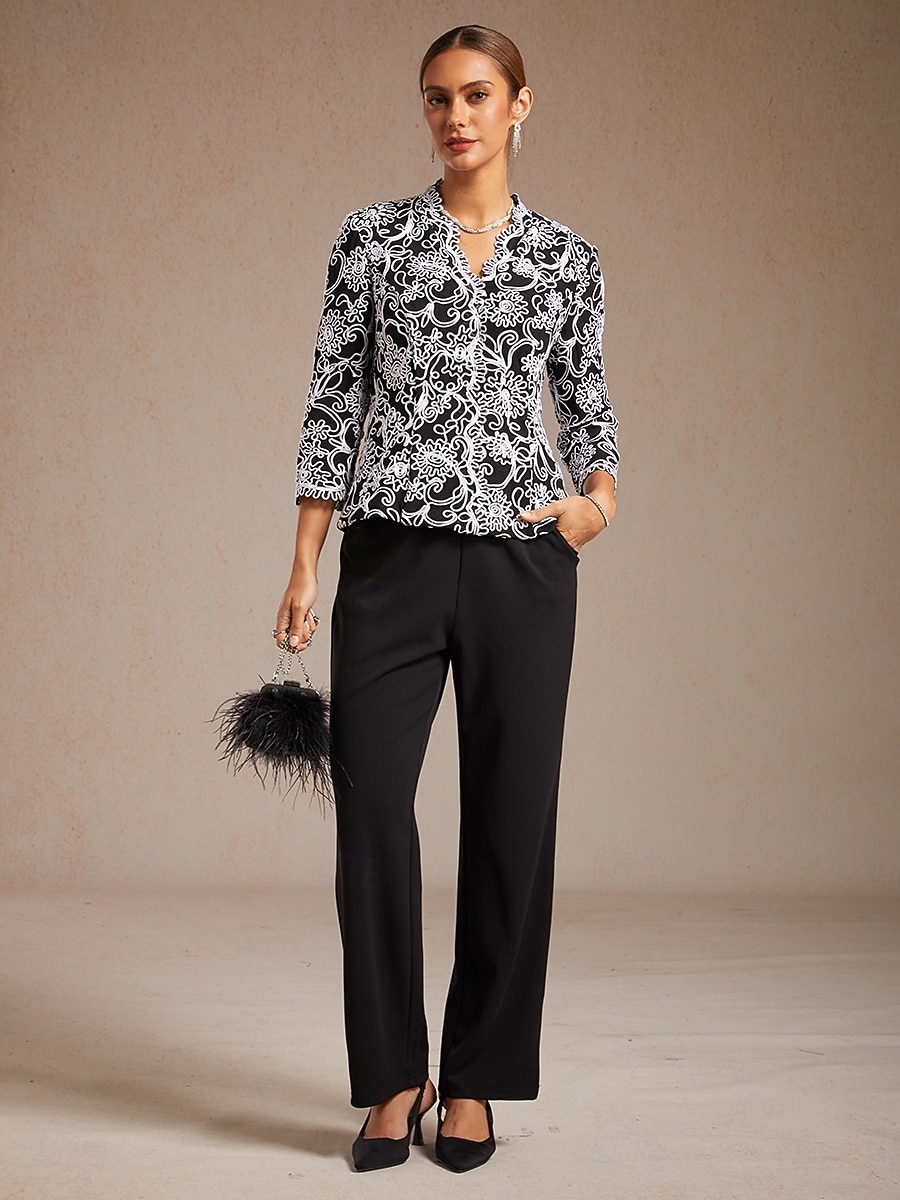 Damskie Eleganckie topy Haft Kwiaty W Tureckie Wzory Elegancja Rękaw 3/4 W serek Zwykłe topy Praca Wieczorna impreza Pół formalne Czarny Wiosna Jesień Zima 2026 - $129.99 –P8