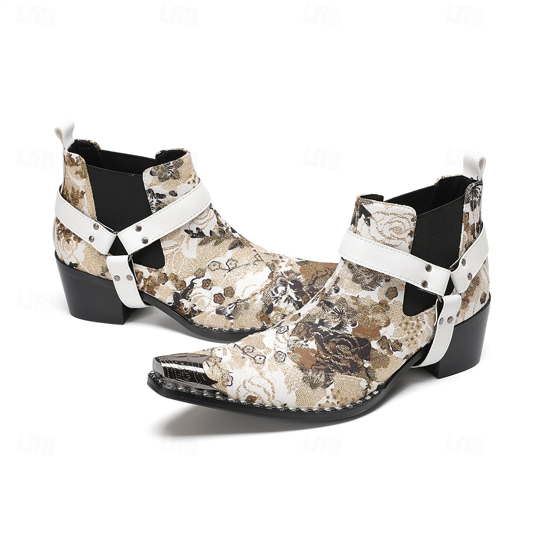 Miesten kukkakuvioiset valkoiset nahkaiset nilkkurit - muodikas solkiyksityiskohta rohkealla kukkakuviolla, täydellinen katutyyliin ja rennoille tilaisuuksille 2025 - $139.99 –P8