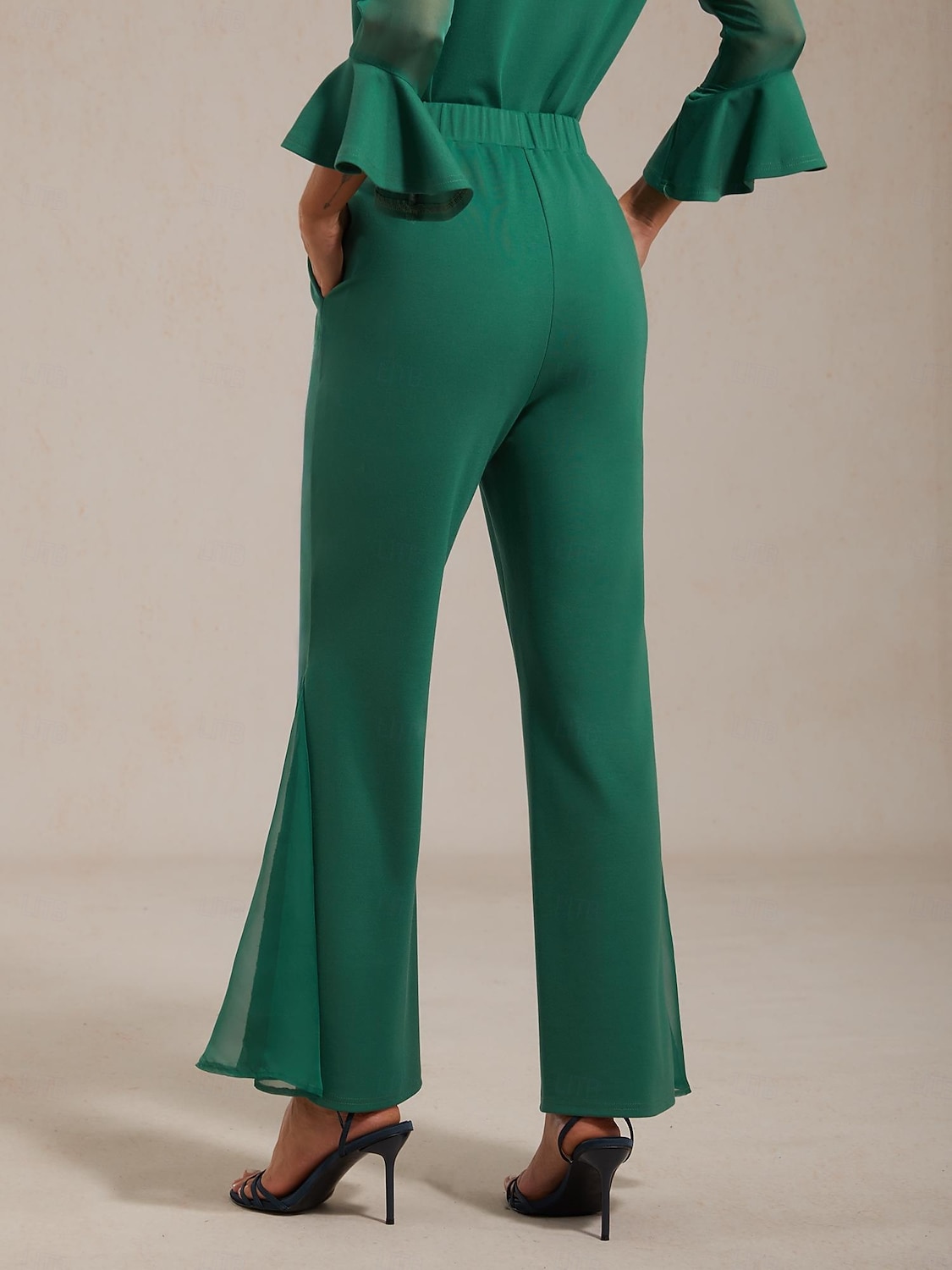 Dámské kalhoty, strečová tkanina, šifon, průsvitné panely, rozšířené nohavice, elastický pas, elegantní, pohodlné, do práce, podzim 2026 - $21.99 –P2