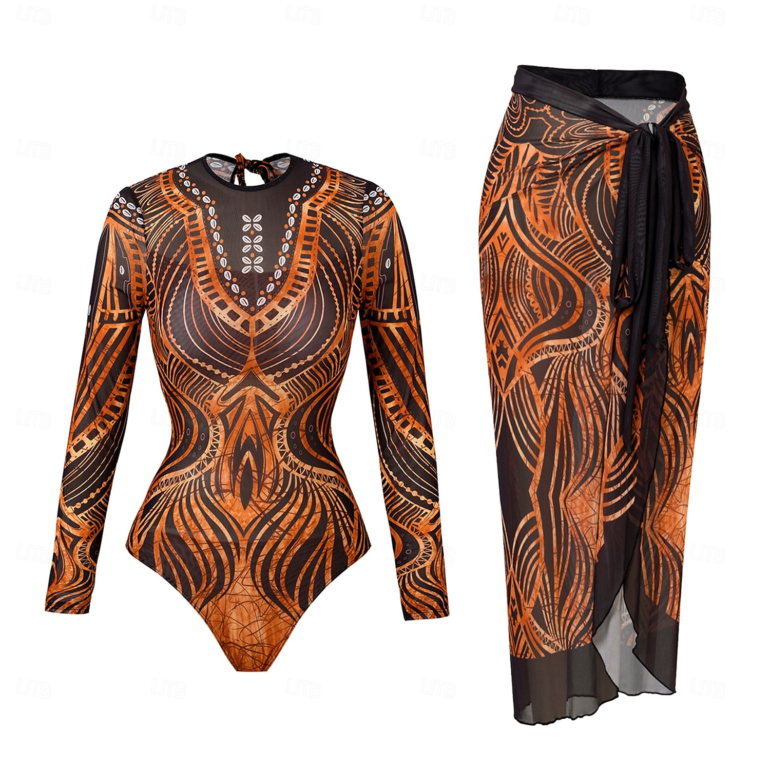 Maillot de bain femme une pièce amincissant avec jupe boho monokini jupe contrôle du ventre taille haute slim sans dos vêtements de plage de vacances graphique colorblock col rond manches longues de 2026 ? $51.99 –P1