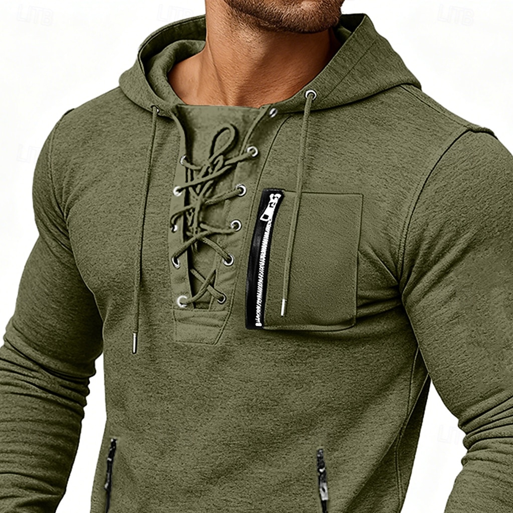 Herren T Shirt T-Shirt Langarmshirt Langarm Mit Kapuze Frühling & Herbst Ganzjahres Einfarbig Mode Designer Basic Schnürung Reißverschlusstasche Urlaub Straße Lässig Dunkelgrau Schwarz Koffee Top 2026 - $22.99 –P2