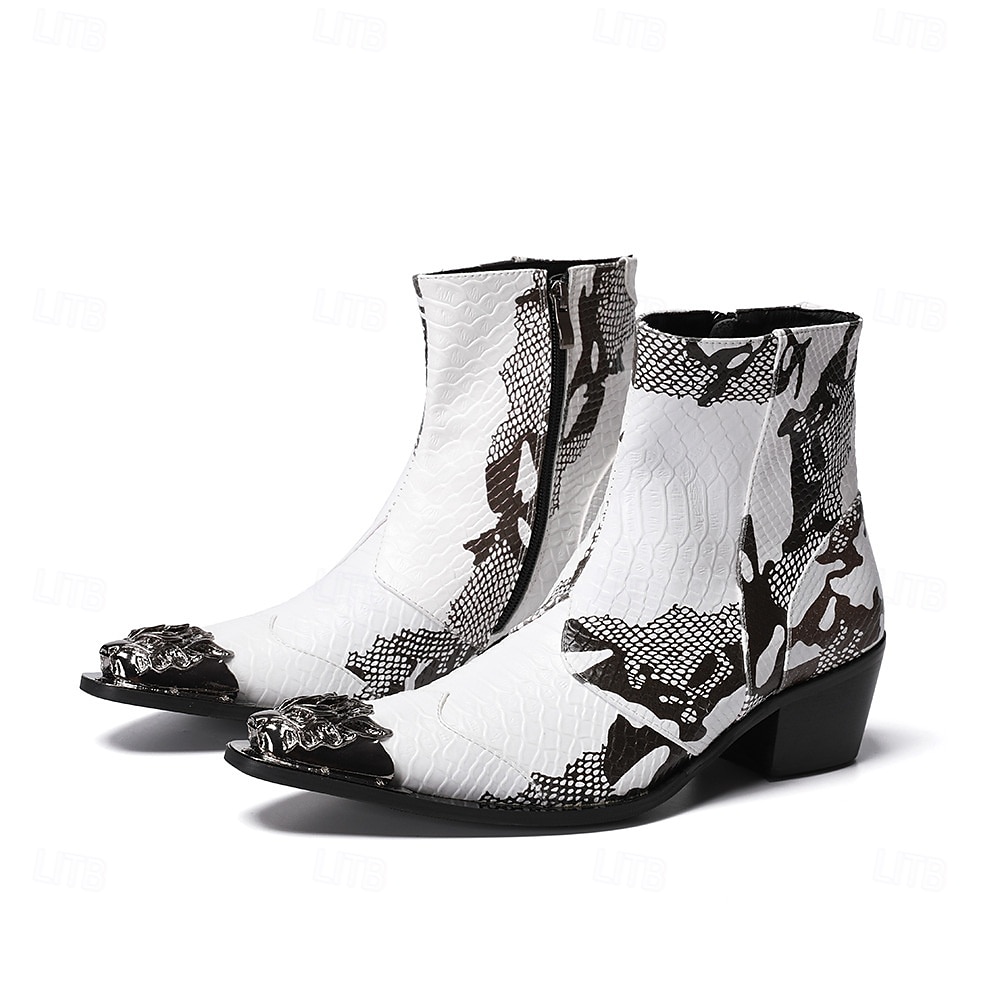 Botas masculinas em couro legítimo preto e branco com estampa exclusiva - calçado moderno para homens antenados em moda e para ocasiões casuais. de 2026 por $159.99 –P4