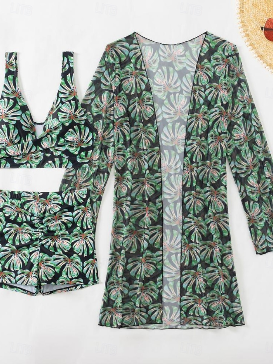 Damskie Stroje kąpielowe Bikini Trzyczęściowy Krótkie spodnie Kostium kąpielowy Szczupła Odkryte plecy Urlop Stroje plażowe Kwiaty Liście W serek Bez rękawów Kostiumy kąpielowe 2026 - $31.99 –P3