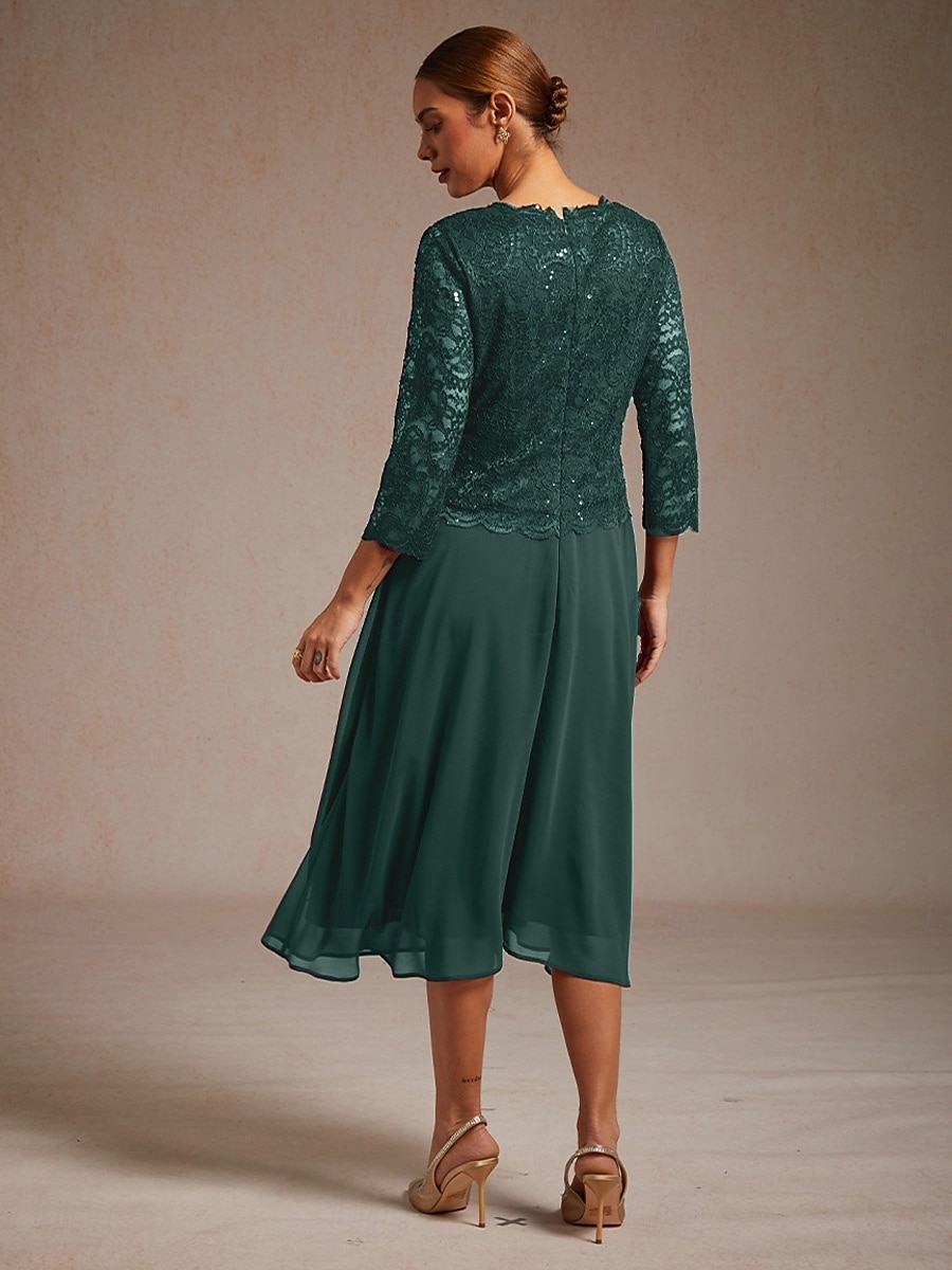 Mulheres Vestido midi Vestido de chiffon Elegante Convidado do casamento Coquetel Festa de Chá Paetês Renda Côr Sólida Manga 3/4 Gola Redonda Verde Esmeralda de 2026 por $103.99 –P2