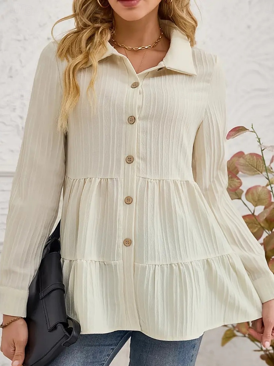 Damen Bluse Gerafft Knöpfe Einfarbig Stilvoll Lässig Langarm Hemdkragen Normale Oberteile Täglich Salbeigrün Schwarz Rote Marineblau Aprikose Frühling Herbst Winter 2026 - $26.99 –P2