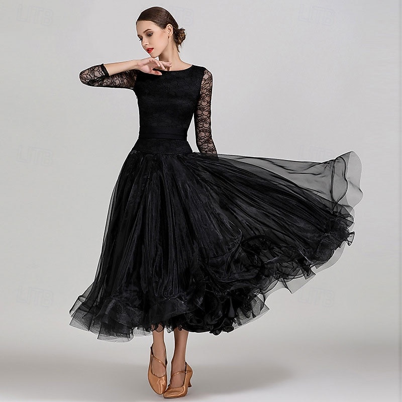 Abito da allenamento per ballo da sala da donna, elegante, nero, con maniche in pizzo, scollo a barca, valzer, tango, rumba moderna del 2026 a $161.99 –P4