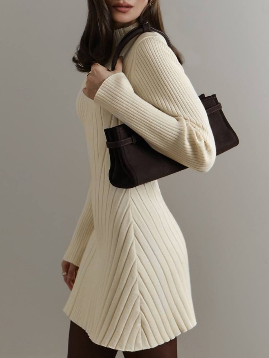 Dámské Svetrové šaty Elegantní Na běžné nošení Měkké Čistá barva Rýhovaný Tričkový Pletený Dlouhý rukáv Dlouhé topy Plést Venkovní Denní Víkend Černá Fialová Podzim Zima 2026 - $43.99 –P4