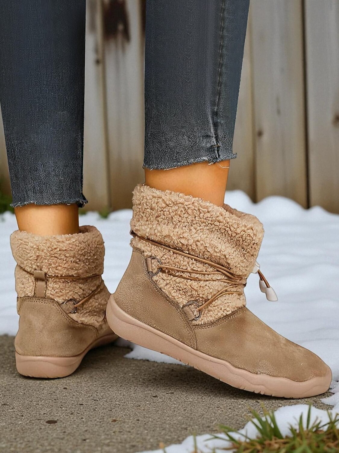 Naisten khakinväriset, leveälestiset, fleecevuorilla varustetut talvisaappaat – lämpimät nilkkurit kiristysnyörillä lumeen, kävelyyn, ulkoiluun ja jokapäiväiseen käyttöön. 2026 - $34.99 –P6