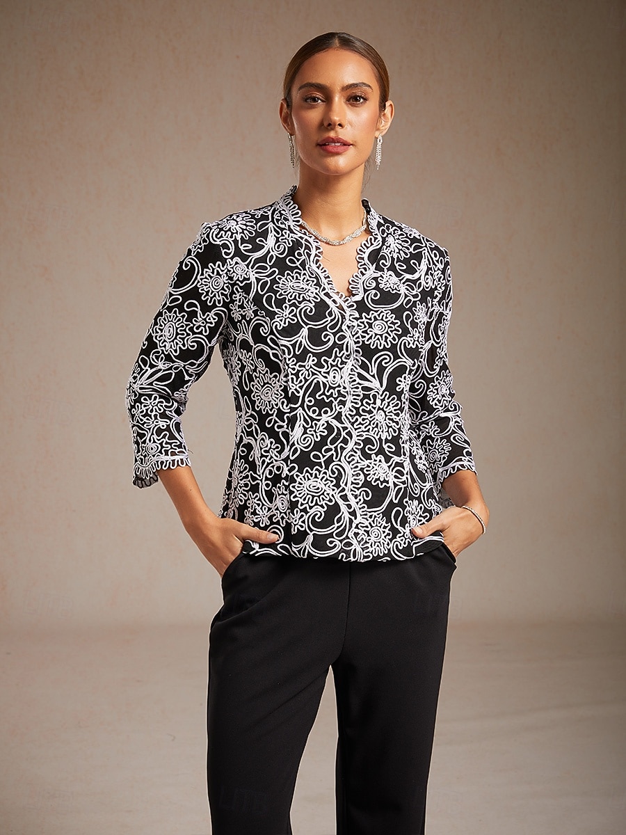 Damskie Eleganckie topy Haft Kwiaty W Tureckie Wzory Elegancja Rękaw 3/4 W serek Zwykłe topy Praca Wieczorna impreza Pół formalne Czarny Wiosna Jesień Zima 2026 - $129.99 –P1