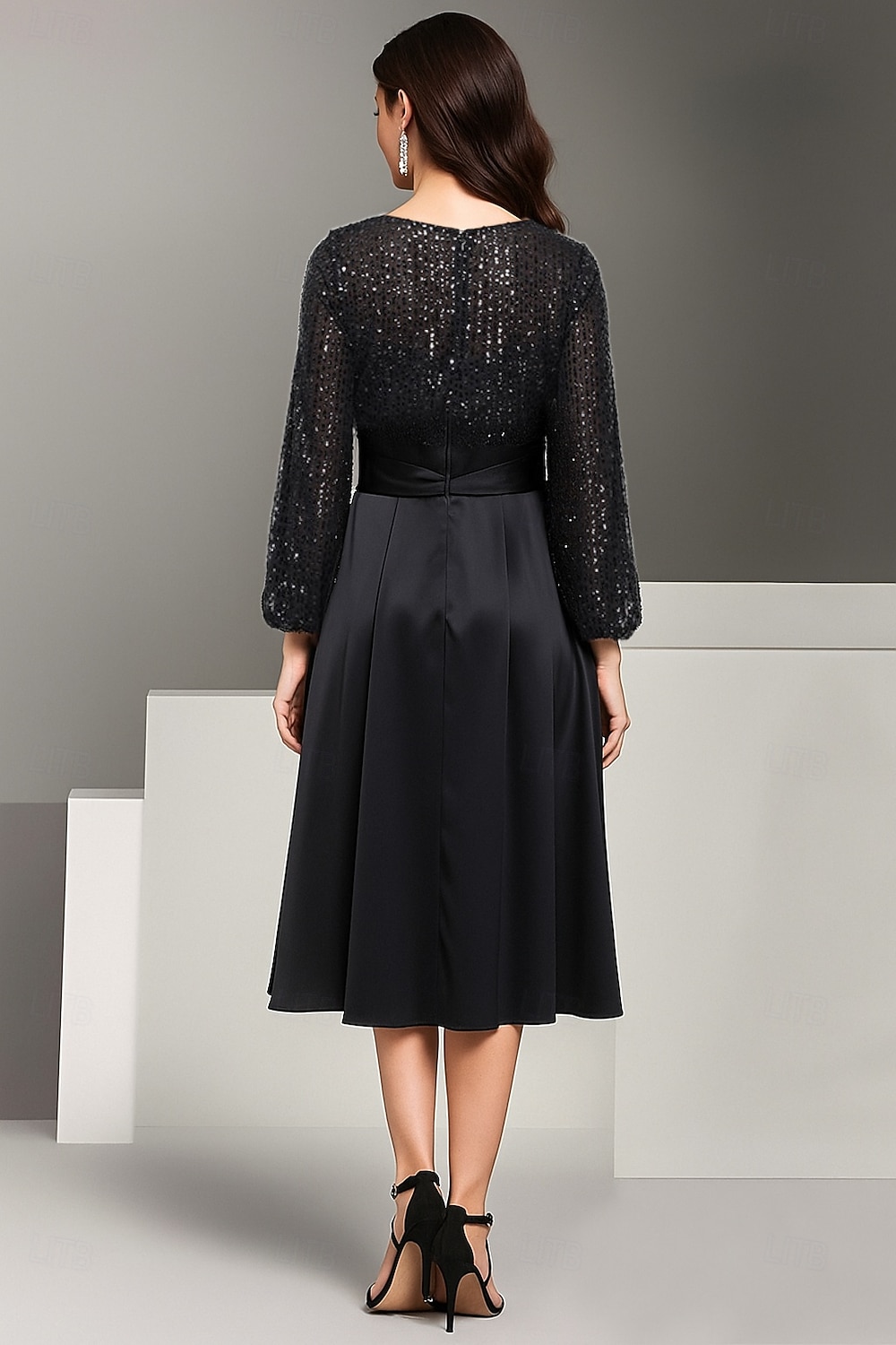 A-Line Knee Length Satin Dress Black Dress Party Dress Mother of the Bride Dress Long Sleeve Crew Neck Scoop Neck Elegant Vintage Black Dress Formal