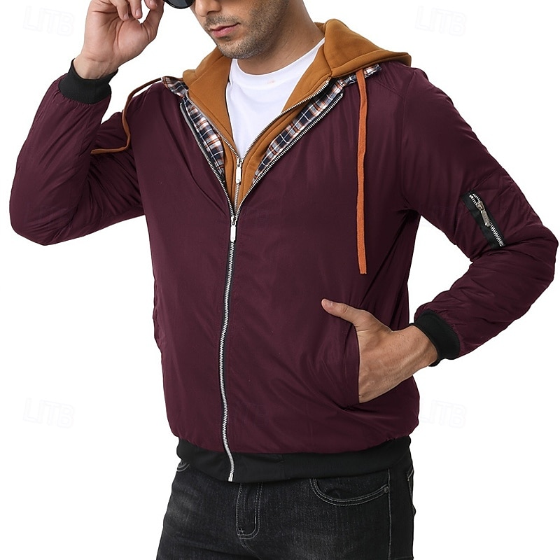 Men's Winter Jacket Casual Jacket Hoodied Jacket Outdoor Casual Pocket Quilted Winter Fall & Winter Color Block Streetwear Daily Hooded Regular Black Burgundy Navy Blue Khaki Army Green Jacket 2026 - $53.99 –P10