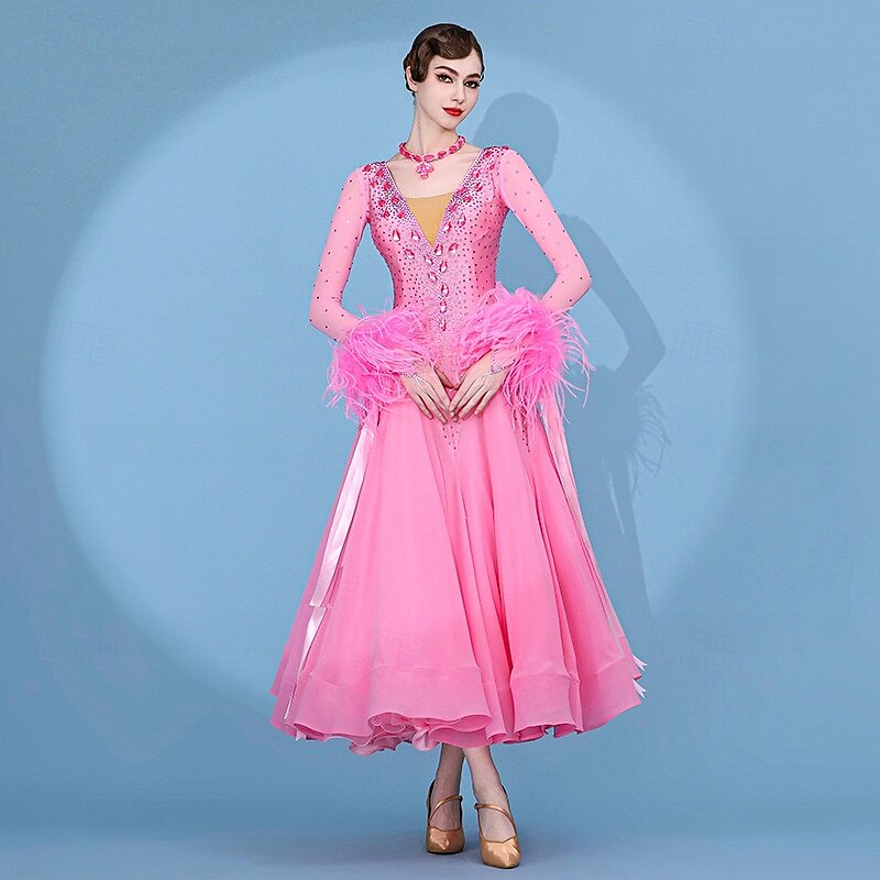 Balli da Sala Vestito Pieghe Giunzione Cristalli / Strass Per donna Performance Allenamento Manica Lunga Alto Spandex Chiffon Rete del 2026 a $950.09 –P4