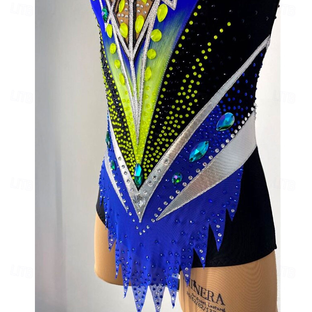 Collant de ginástica rítmica feminino para patinação no gelo, tingido com alta elasticidade, roupa profissional para competição de patinação, com cristais/strass, sem mangas. de 2026 por AU $1180.49 –P6