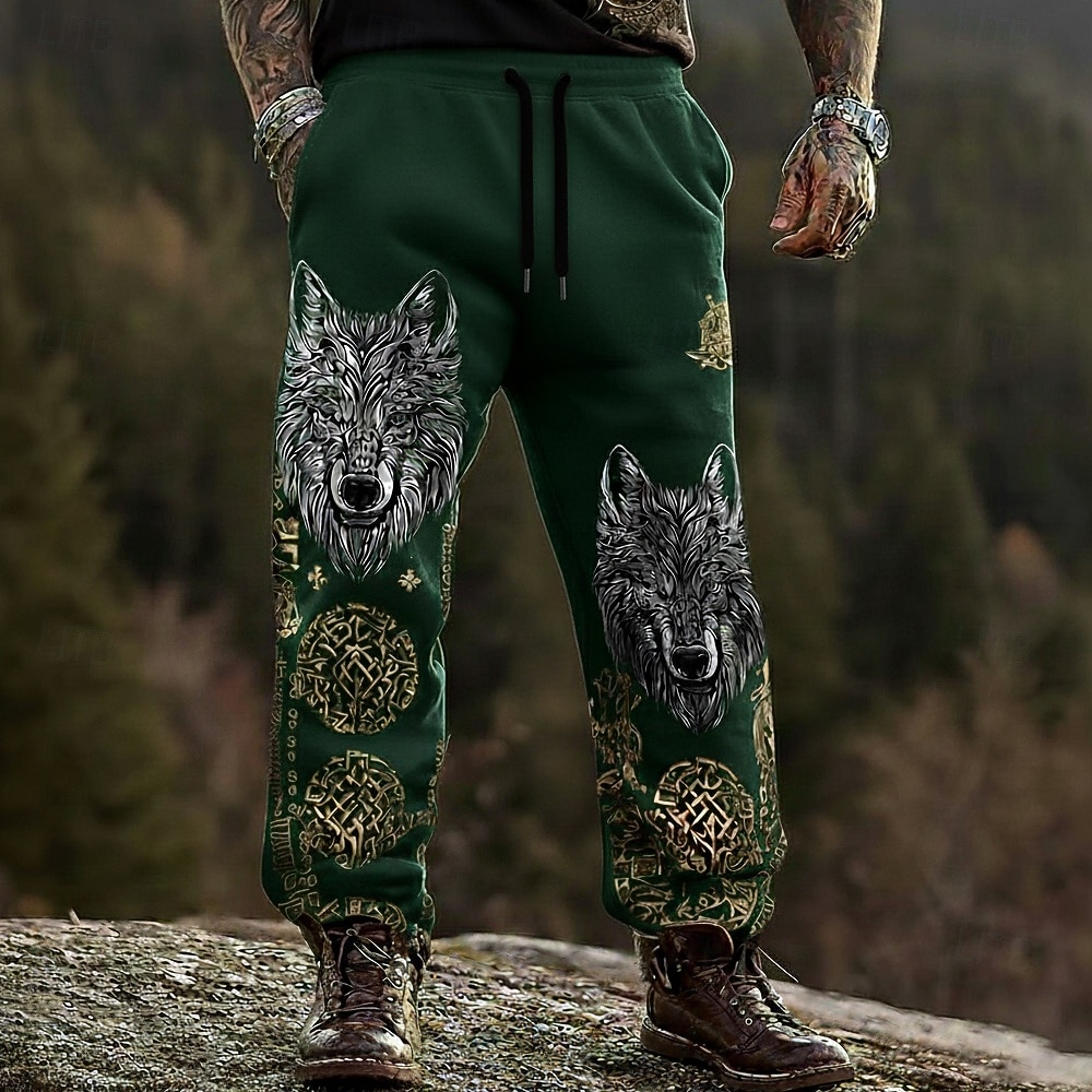 Herren Wolf Wikinger Keltische Kunst Hosen Hose Freizeithose Mittlere Taille Kordelzug Elastischer Bund Vintage-Retro Outdoor Campen und Wandern Jagd Gerade Hosen Frühling Herbst 3D-Druck Schwarz 2026 - $24.99 –P2