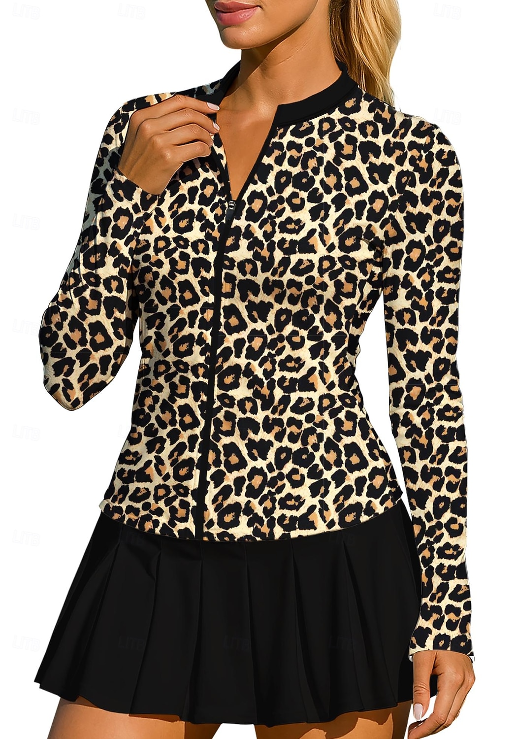 Femmes Animal Léopard Hauts Chemise T-shirt de sport T-shirt POLO manche longue Fermeture éclair Classique Sportif UPF50+ Résistant aux UV Entraîneur Protection UV Haute élasticité Pilates de 2026 ? $20.99 –P1