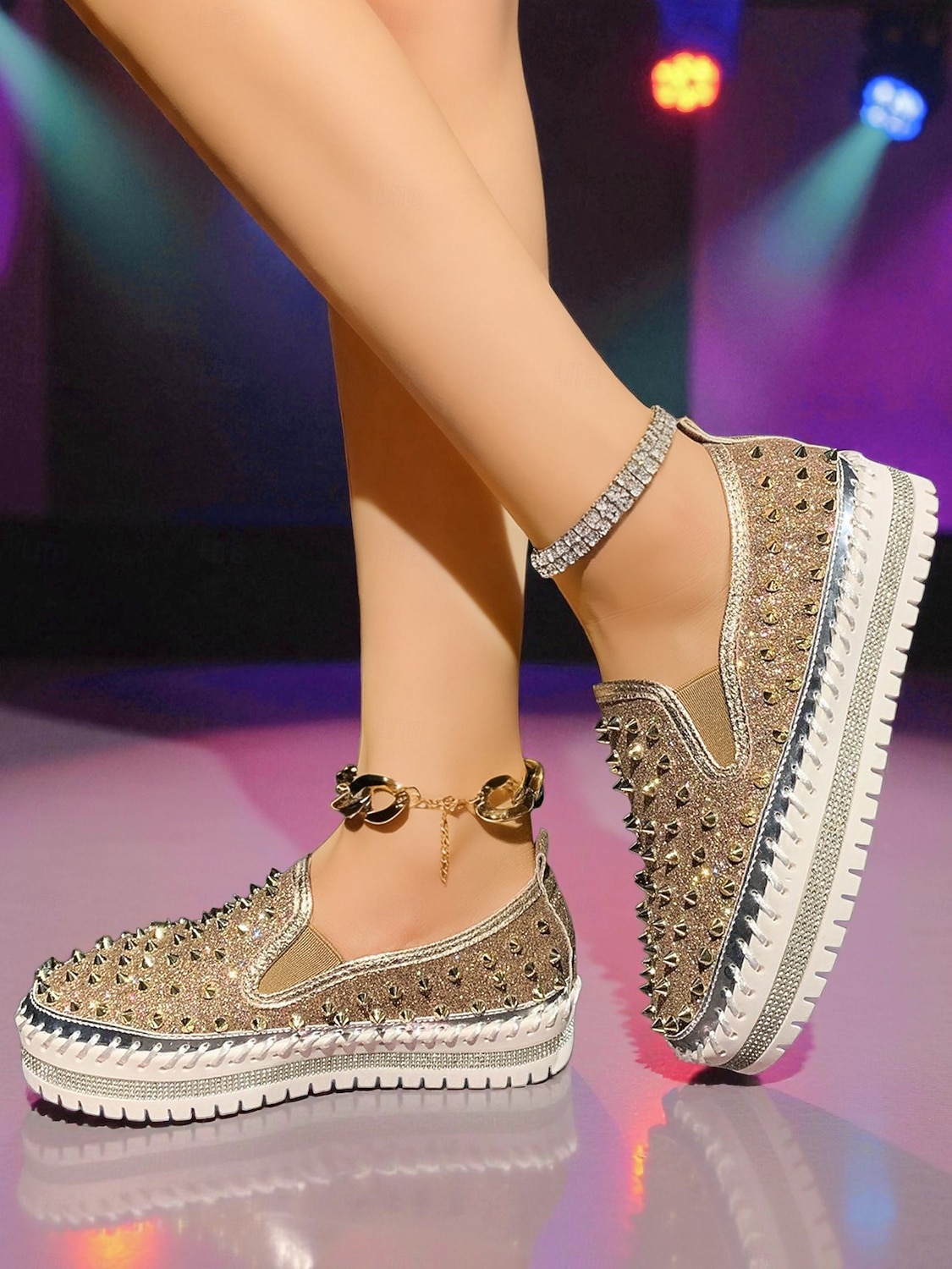 Dames instapsneakers met glitter en studs - glinsterende platformschoenen met strass-versiering voor uitgaansgelegenheden, feesten en clubwear &feestelijke outfits 2026 - $32.99 –P7