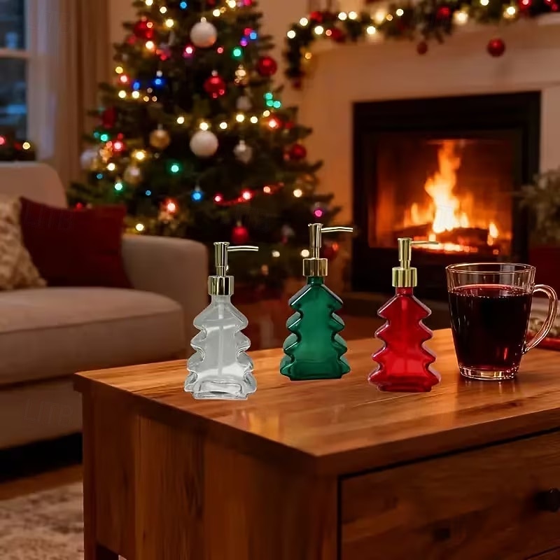 Glass Christmas Tree Hand Pump Dispenser Bottle - 300ml Red/Green Reusable Travel-Sized Soap/Lotion/Cleanser Container with Golden Reindeer Snowflake Design for Kitchen, Bathroom, Office - Durable 2026 - $6.99 –P4