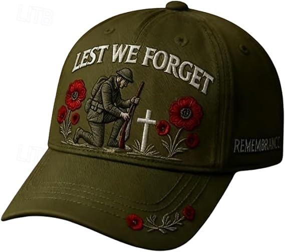 Cappello commemorativo "Lest We forget", berretto ricamato con fiori di papavero per veterani, tributo militare ed eroi caduti. del 2026 a $21.99 –P4