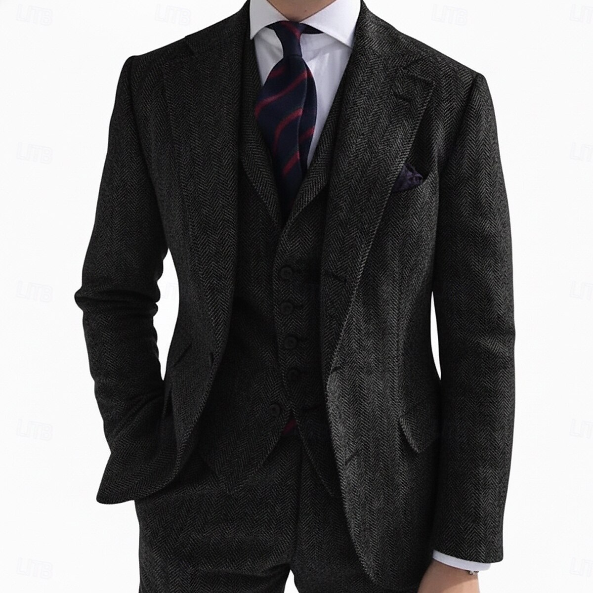 Men's Business Casual Tweed Suits Notch Lapel Black Light Grey Business Formal Herringbone Tailored Fit 3 Piece Single Breasted Two-buttons 2025 - $149.99 –P2