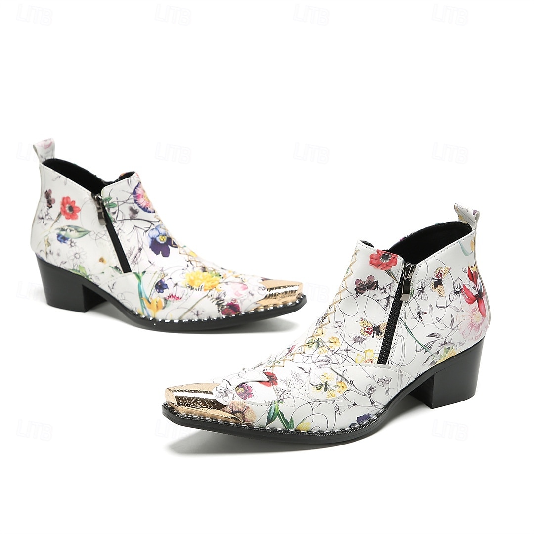 Miesten kukkakuvioiset aidosta nahasta valmistetut nilkkurit - eloisa kukkakuvio vetoketjulla, täydellinen muodikkaaseen arkeen ja jokapäiväiseen käyttöön 2025 - $139.99 –P2