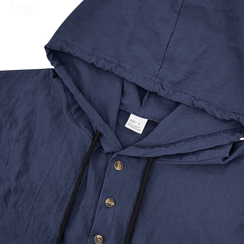 Men's Shirt Popover Shirt Summer Shirt Casual Shirt Beach Shirt Black White Yellow Navy Blue khaki Long Sleeve Solid Color Hooded Vacation Casual Drawstring Clothing Apparel Fashion Casual Comfortable 2026 - $28.99 –P9