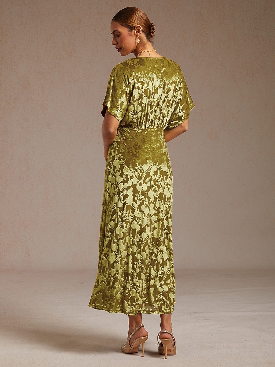 dames maxi-jurk a-lijn jurk fluweel elegant feest bruiloft gast bloemen blad halve mouw v-hals smaragdgroen lente herfst winter 2025 - $121.99 –P2