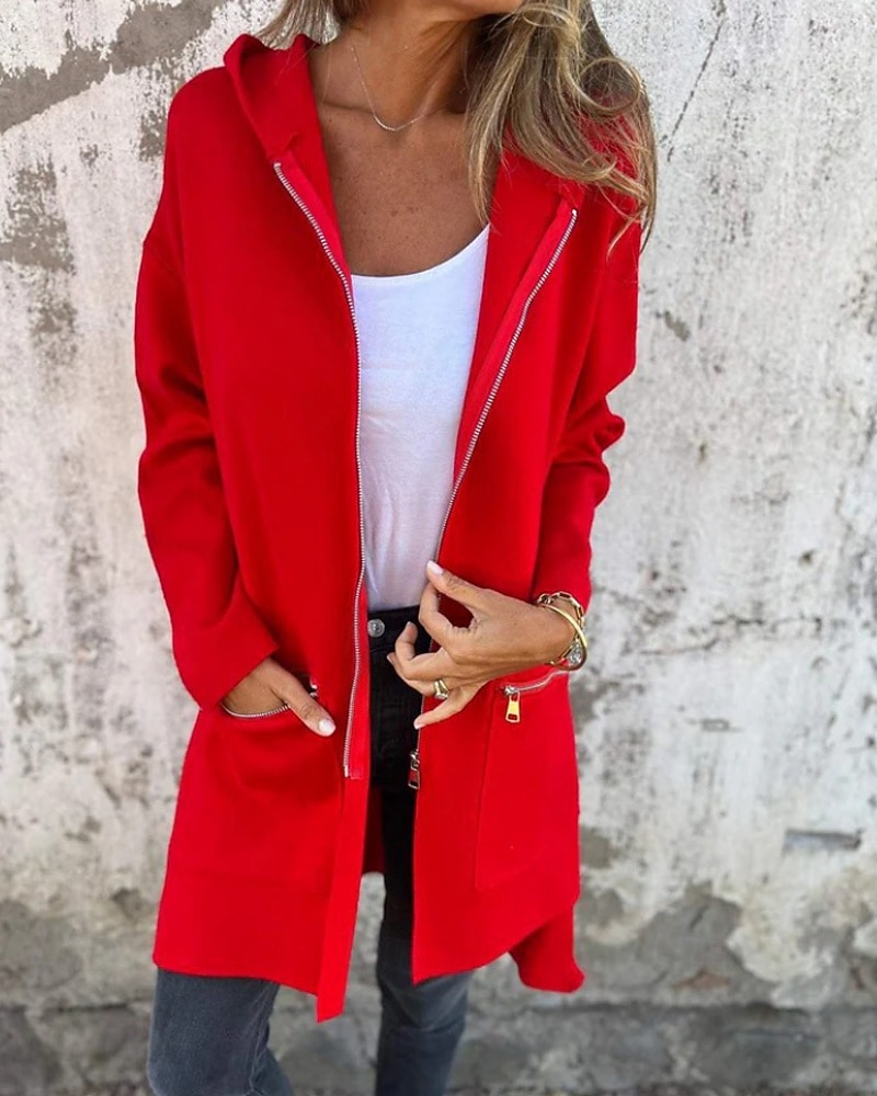 Damen Wintermantel Kapuzenjacke Warm Bequem Reißverschluss Tasche Lässig Einfach Outdoor Urlaub Heim Alltagskleidung Lang Mit Kapuze Normale Passform Langarm Oberbekleidung Schwarz Rote Kamel Herbst 2026 - $19.99 –P2