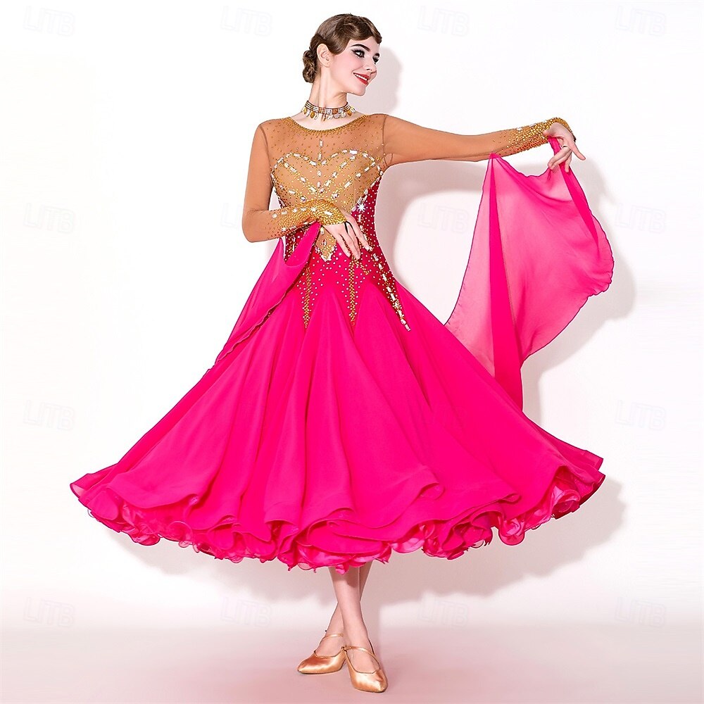 Women's Elegant Fuchsia & Gold Ballroom Dance Dress Rhinestone Embellished Waltz Tango Modern Rumba Competition Performance Gown 2026 - $529.99 –P5