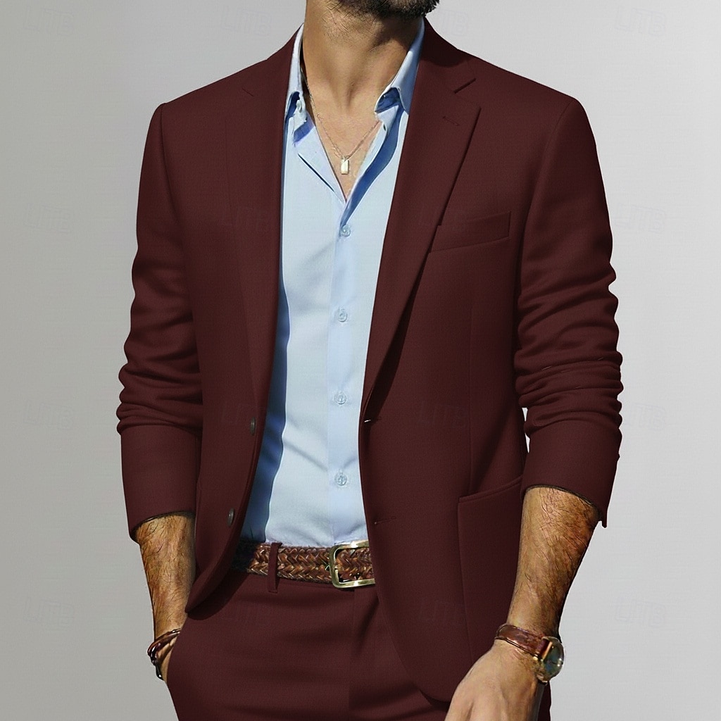 Uomo Matrimonio Affari Completi in Tweed Bavero classico Nero Borgogna Quotidiano Affari Tinta unita Vestibilità standard 2 pezzi Monopetto Due Bottoni del 2025 a $119.99 –P3