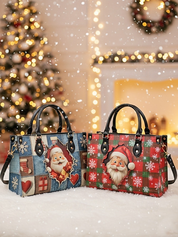 Julväska för kvinnor - konstläder, designad med jultomte och snögubbe, presentväska för kvinnor, handväska för julen, perfekt för fester och vinterutflykter 2026 - $34.99 –P3