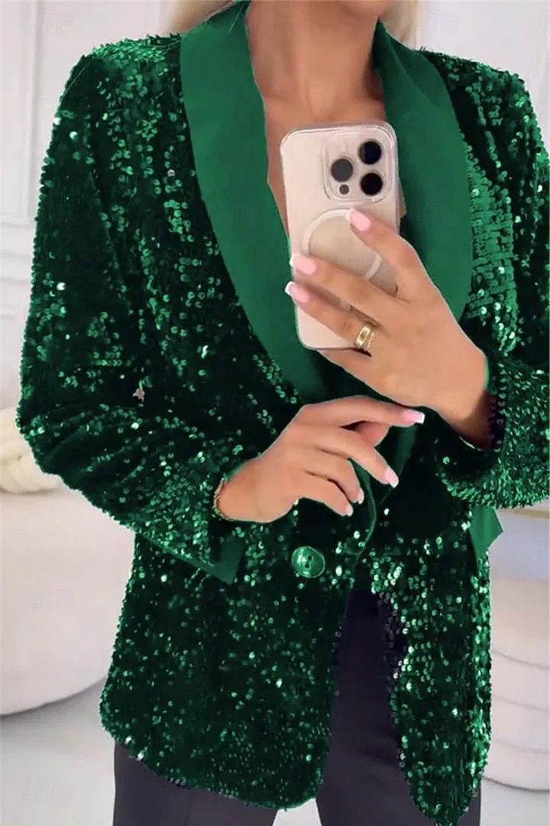 Damen Blazer Freizeitjacke Bequem Pailletten Mode Lässig Einfarbig Party Straße Alltagskleidung Ausgehen Regulär Gekerbtes Revers Normale Passform Langarm Oberbekleidung Blau Schwarz Rote Herbst 2026 - $35.99 –P6