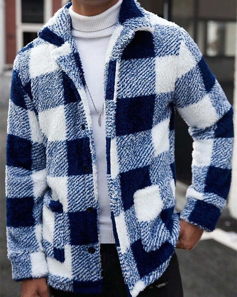 Муж. Толстовка Флисовая толстовка Флисовая жилетка Синий Хаки Воротник-стойка В клетку Карман Для занятий спортом Повседневные Праздники Полиэстер Уличный стиль Классический На каждый день Осень Зима 2026 - $50.99 –P6