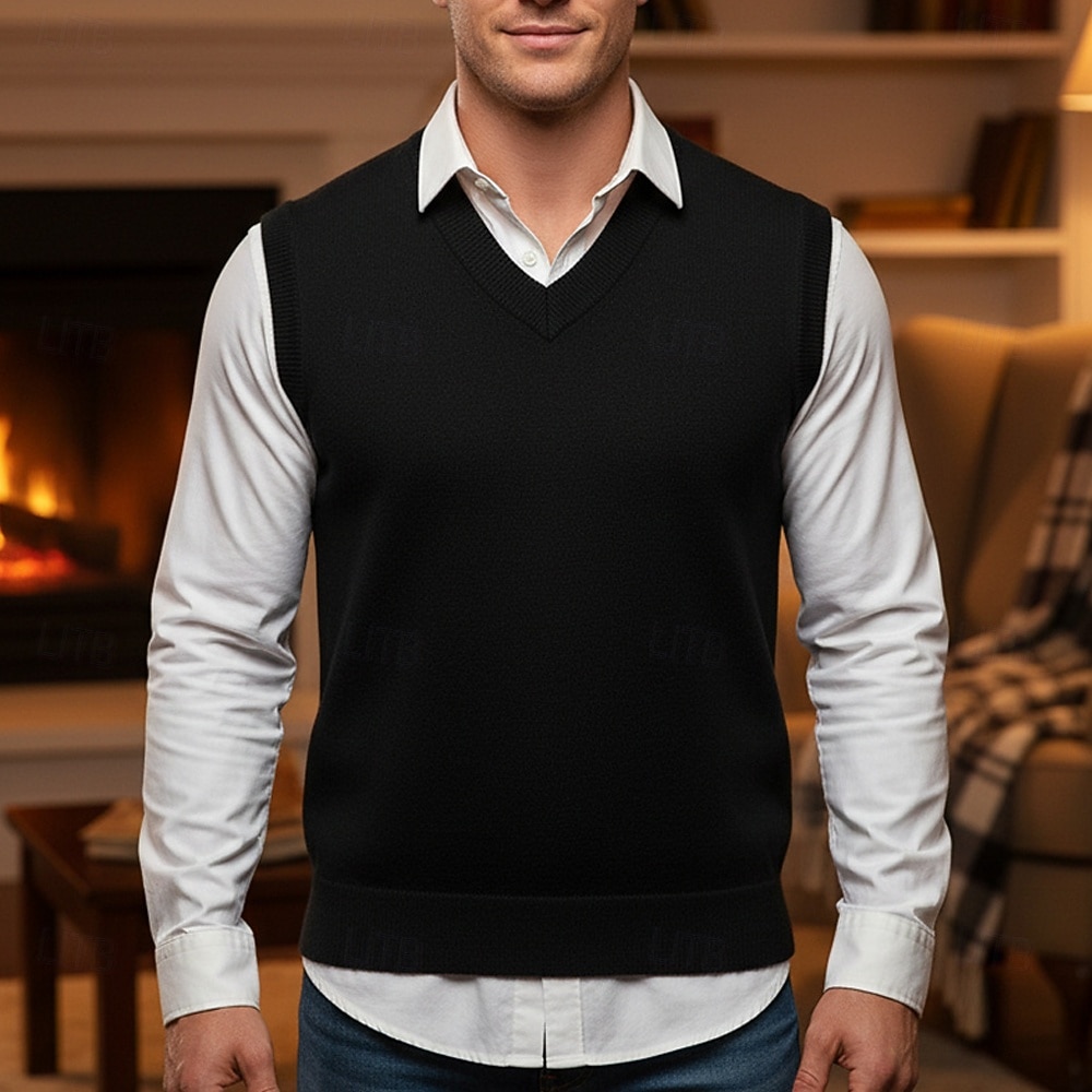 Voor heren Trui vest Jurk Trui Trui Gilet Gebreide trui Geribd breien Normale tops Gebreid Effen V-hals Modieus Casual Vakantie Alledaagse kleding Kleding Herfst Winter Zwart Wit M L XL 2026 - $20.99 –P4