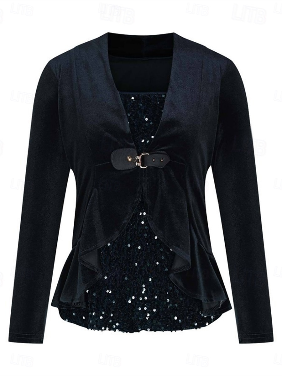 בגדי ריקוד נשים חולצה פאייטים טלאים מתנפנפת צבע אחיד מסוגנן יום יומי שרוול ארוך צווארון עגול קצר צווארון V חולצות רגילות יומי שחור תלתן אפור אביב סתיו חורף 2026 - $39.99 –P7