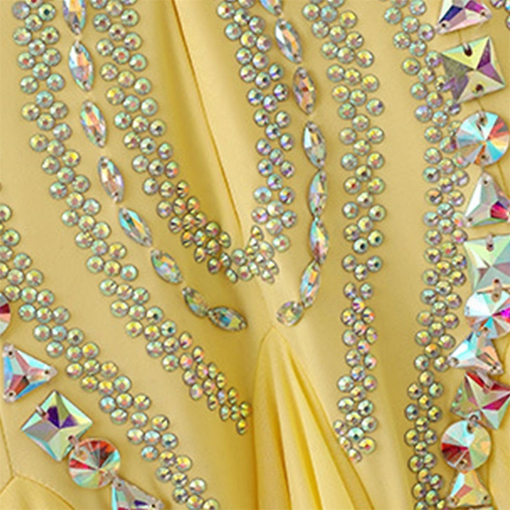 Abito da ballo da sala da donna elegante giallo con corpetto decorato con strass, spalle scoperte, abito da competizione per valzer, tango, rumba moderna del 2026 a $689.99 –P6