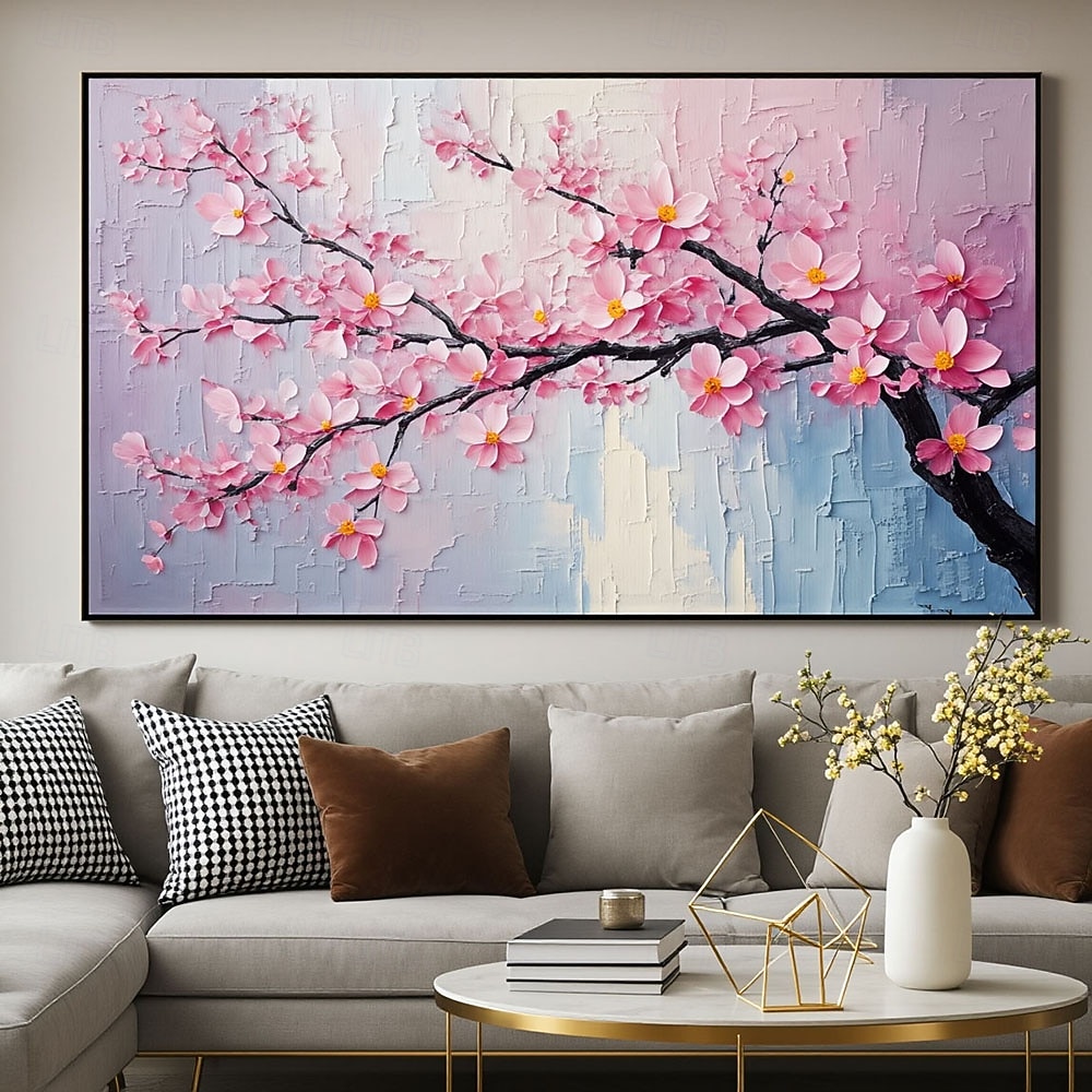 Pictură manuală înflorită cu flori de cireș roz, pictată manual, 3D, peisaj floral, artă de primăvară, textură de floare, artă de perete, pictură abstractă în vârful copacilor, cadou personalizat 2026 - $122.99 –P1