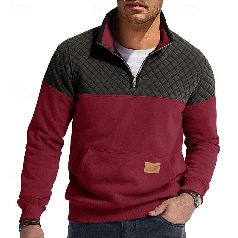 Men's Sweatshirt Waffle Sweatshirt Pullover Quarter Zip Sweatshirt Blue Army Green Burgundy Brown Khaki Standing Collar Plain Patchwork Color Block Textured Sports & Outdoor Casual Daily Streetwear 2026 - $34.99 –P9