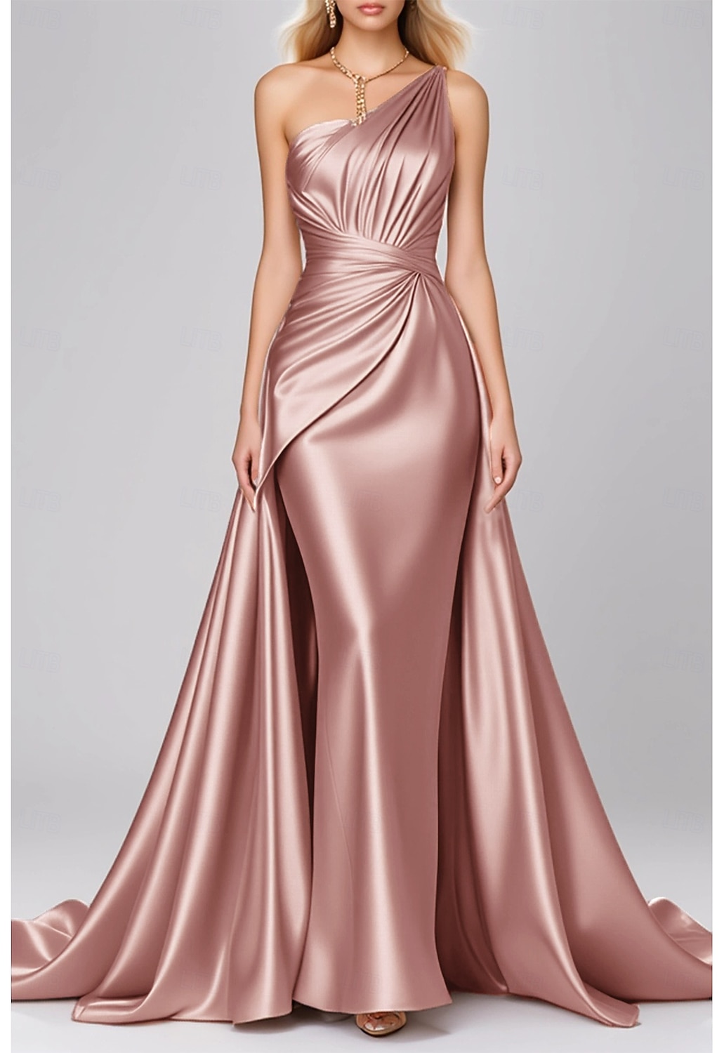 Corte Trompeta Sirena Hasta el Suelo Vestidos de noche Vestido de baile con sobrefalda Vestimenta formal Elegante Vestido negro Sin Mangas Un Hombro Boda Formal Vestido rosa Satén elástico con Plisado 2026 - $172.99 –P2