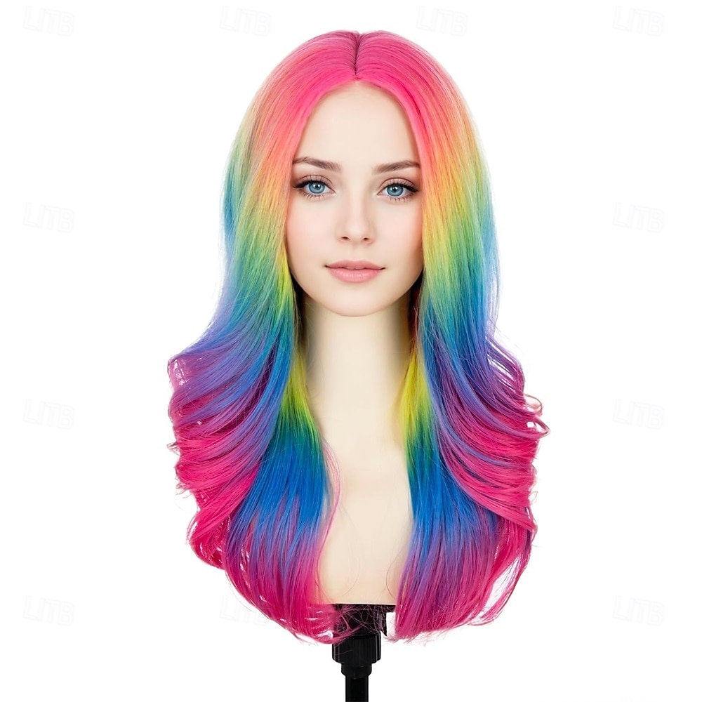 Peluca de carnaval 2026 Rosa Azul Verde Rizado Ondulado Larga Peluca sintética para festival Carnaval Desfile Cabello para disfraz de cosplay para Mujer 2026 - $21.99 –P2