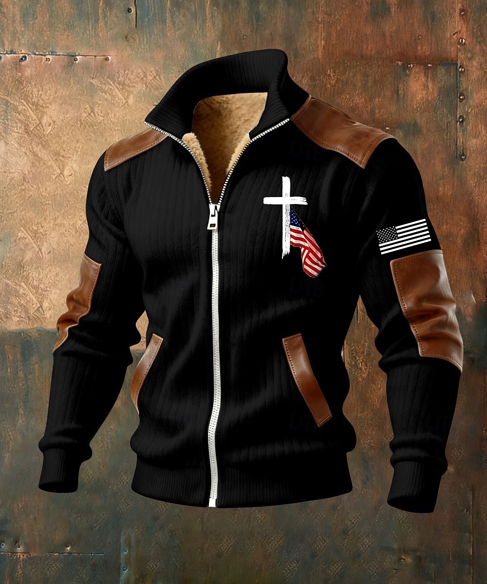 Férfi Teljes cipzáros kapucnis Gyapjú kabát Gyapjú pulóver Fekete Fehér Katonai zöld Sötétkék Barna Álló gallér Križ Amerikai zászló Zseb Műbőr kiegészítők Sport & Szabadtéri Hétköznapi Napi 2026 - $75.99 –P1