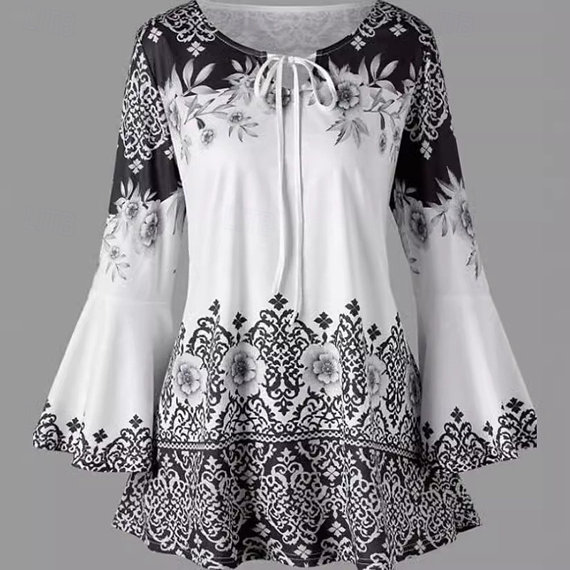 Γυναικεία Μπλούζα Στάμπα Γραφική Βίντατζ Καθημερινά Στυλάτο Μακρυμάνικο Καμπάνα Στρογγυλή Ψηλή Λαιμόκοψη Κανονικά μπλουζάκια Καθημερινά Αργίες Εξόδου Θαλασσί Μαύρο Καλοκαίρι Άνοιξη 2026 - $21.99 –P4